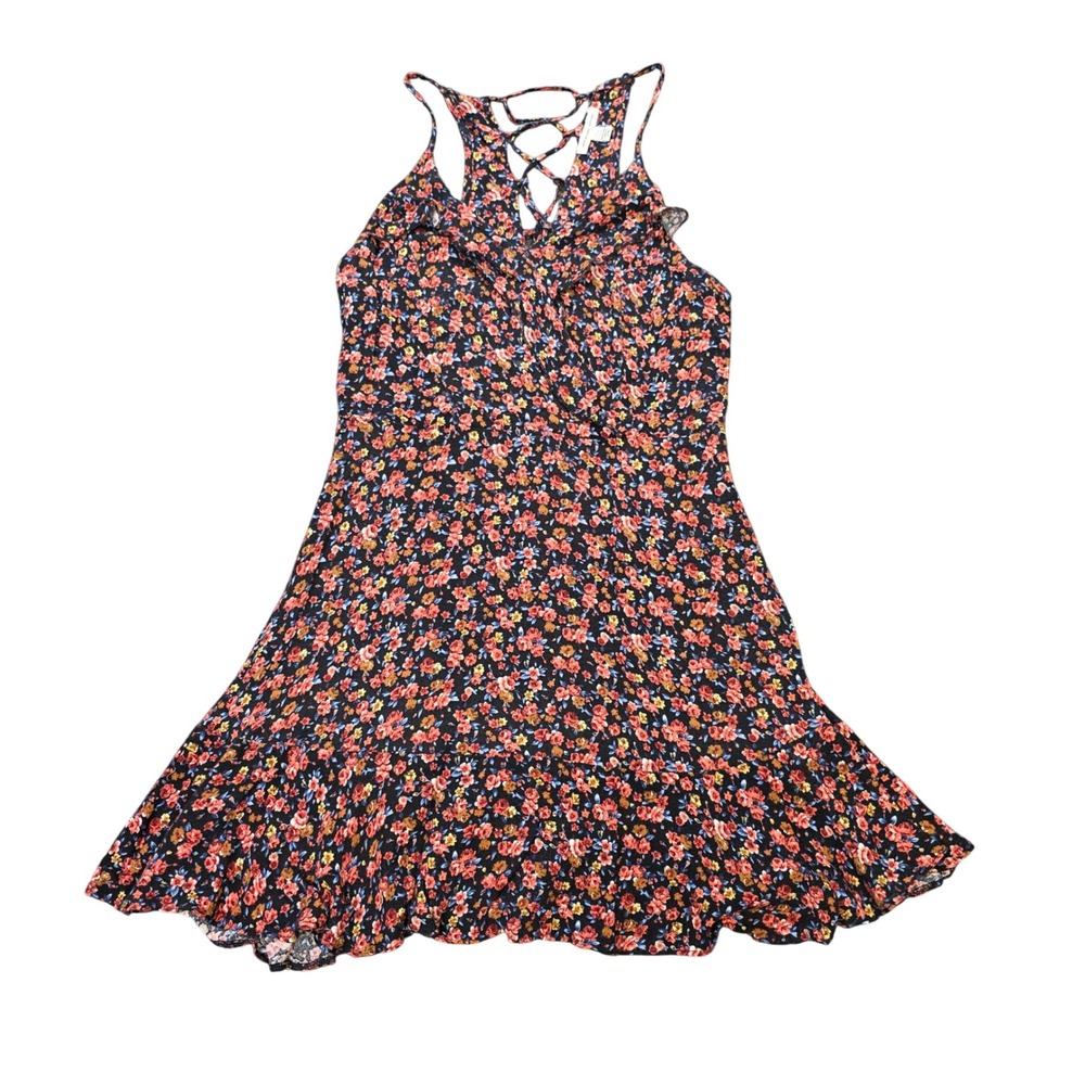American Eagle Floral Mini Dress Women's Size XS Black Red Back Lace Up Ruffle